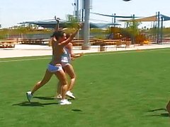 Gorgeous busty brunette fotbal player sucking cock