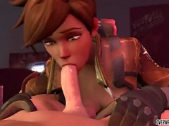 rabo quente Tracer do Overwatch recebe doggystyle e boquete