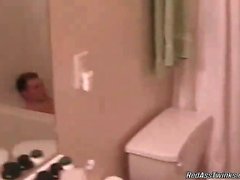 Amazing blonde twink dude comes in bathroom and caughts his