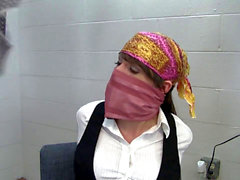 Panty bondage, knotted silk scarf gag