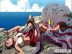 Bedrieglijke hentai jonkvrouw met een breekbare fuzzy ronde bot doet wat geheime diensten voor een octopus