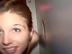 Wild Brunette Amateur Takes Facial Through A Glory Hole