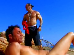 Two guy seduce two girls on sex on beach